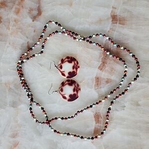 Vintage Mother of Pearl Disc with Floral Pattern Earrings and Matching Necklace